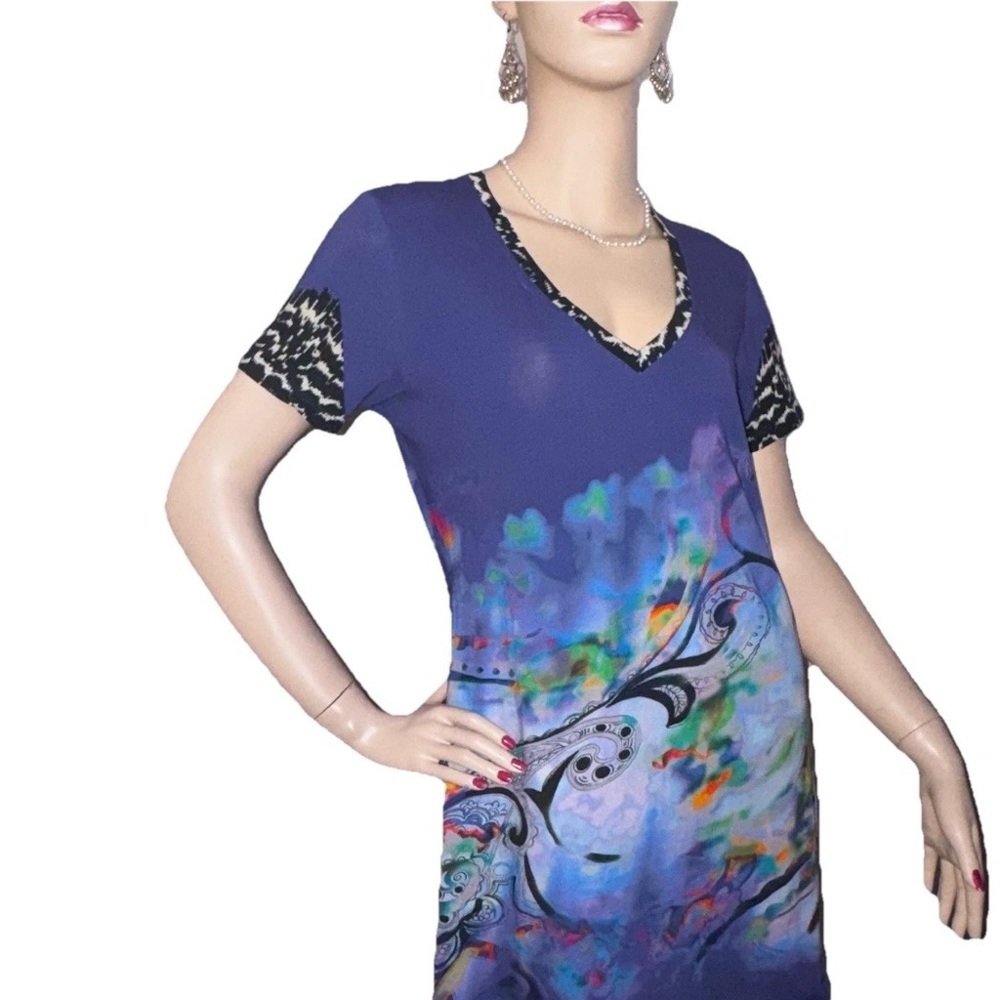 ETRO Milano Floral Cotton Blend Short Sleeve V-Neck Purple Mini Dress 46 L 10